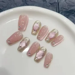 10pcs Cat Eyes Magic Mirror Pink Press On Nails Short Ballet Removeable Manicure Full Cover Long False Nail With Glue Fake Nail