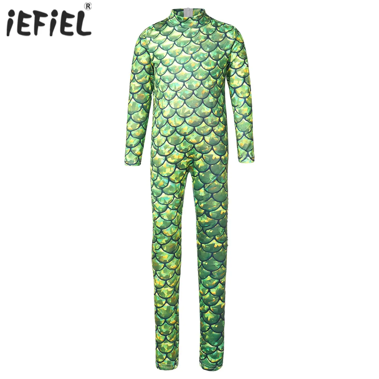 Kids Girls Halloween Mermaid Costume Cosplay Jumpsuit Long Sleeve Unitard Bodysuit Leotard Fish Scale Roleplay Party Dress Up