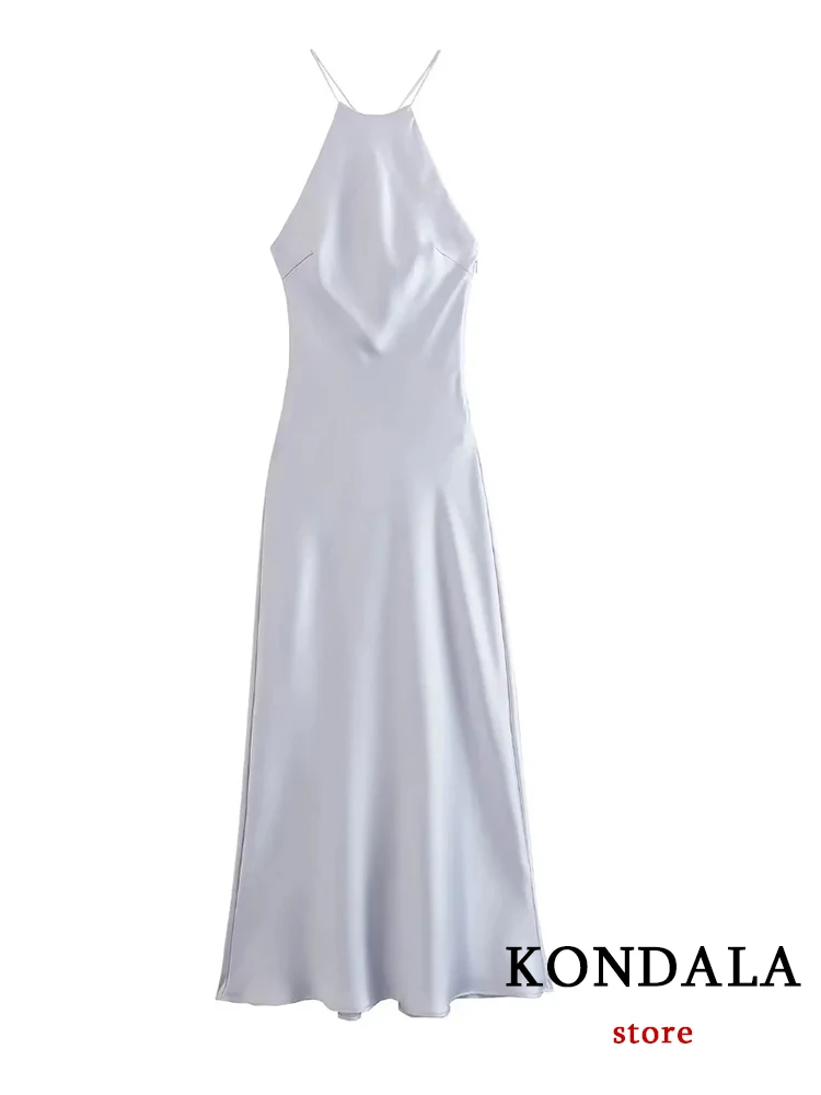 KONDALA Sexy Backless Satin Women Long Dress Bandage Fashion 2023 Summer Female Sleeveless Halter Dress Evening Elegant Dress