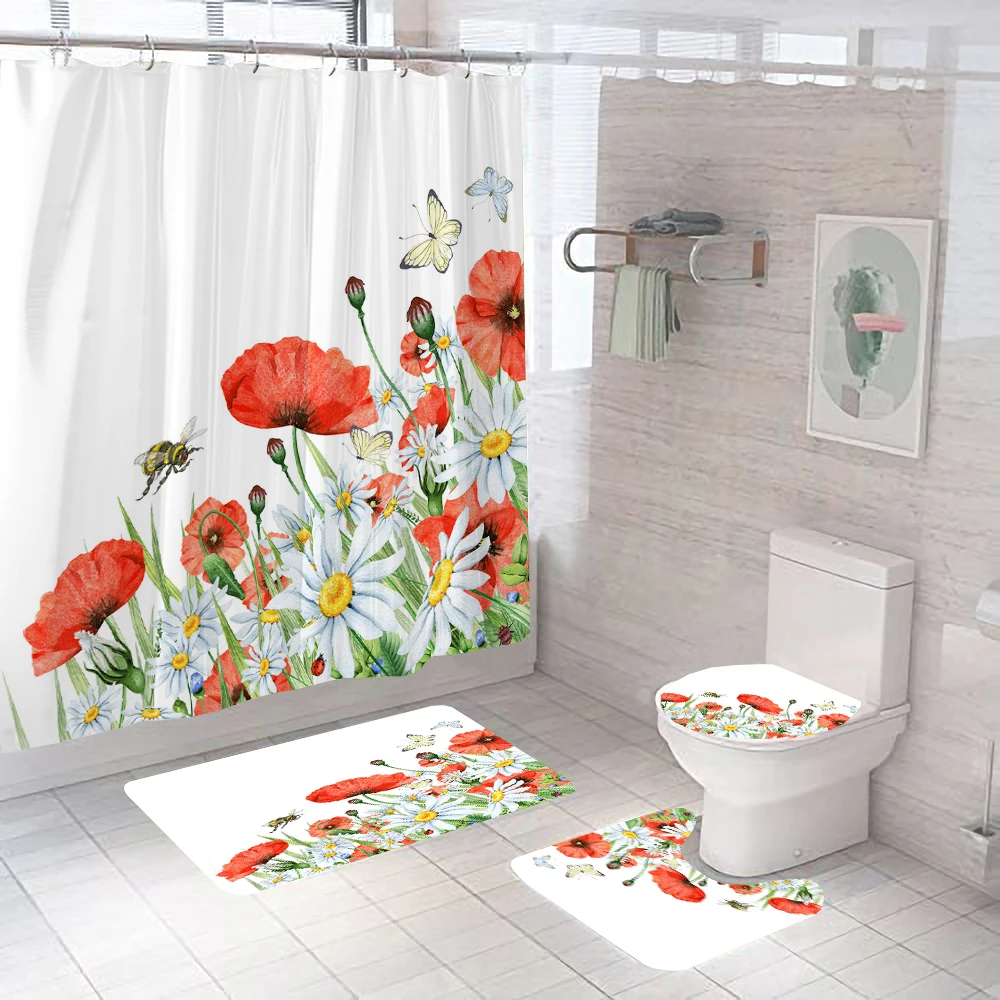 Einfache Art Blumen und Pflanzen 3d Dusch vorhang Bad Vorhänge Sockel Teppich Toiletten deckel Deckel rutsch feste Teppich Bade matte Set