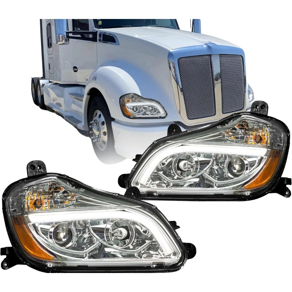 

2013-2021 Heavy Duty Truck Chrome Projector Headlight Assembly Halogen Low Beam LED Light Bar DOT SAE Pair