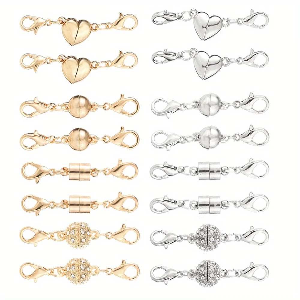 Set of 16 Heart-Shaped And Cylindrical Magnetic Clasps for Necklaces, Featuring Lobster Clasp Extenders. Ideal
