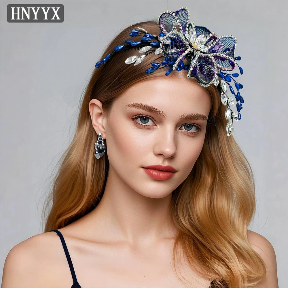 HNYYX Vintage Blue Crystal Hair Accessories Flower Mesh Headband Baroque Fashion Headpieces for Women Bridal Jewelry Gift A220