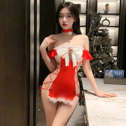 Christmas Sexy Cosplay Lingerie Women Christmas Dress for Couples Red Bell-adorned and Playfully Provocative Porno Bar Uniform