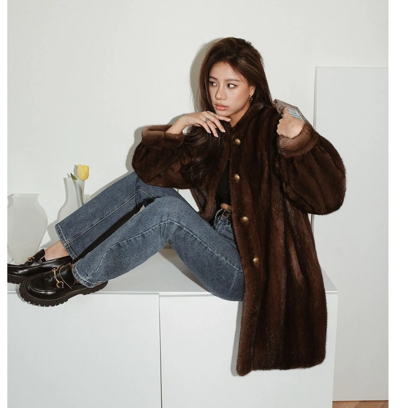 Luxury Vintage High-end Mink Coat Women Soft Fur Jacket Single-breasted Stand-up Collar Windproof Outerwear Design Jackets Trend