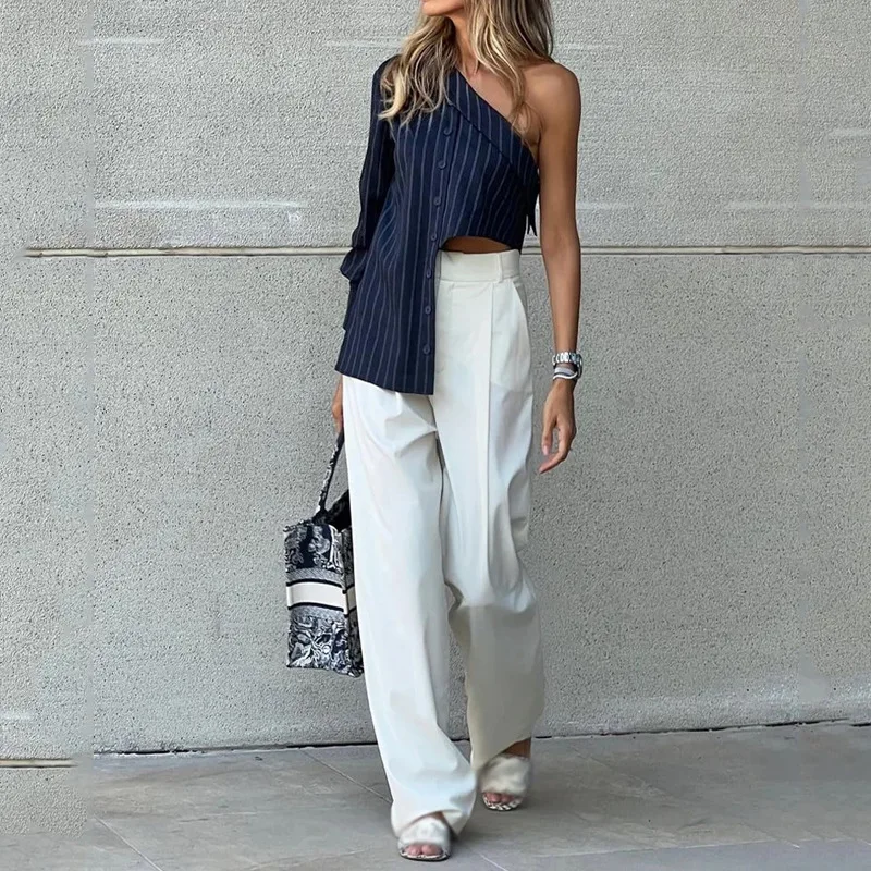 

Women Blue Striped One-shoulder Diagonal Collar Tops and White Long Pants Set Autumn Irregular Blazer Straight Pants Suit