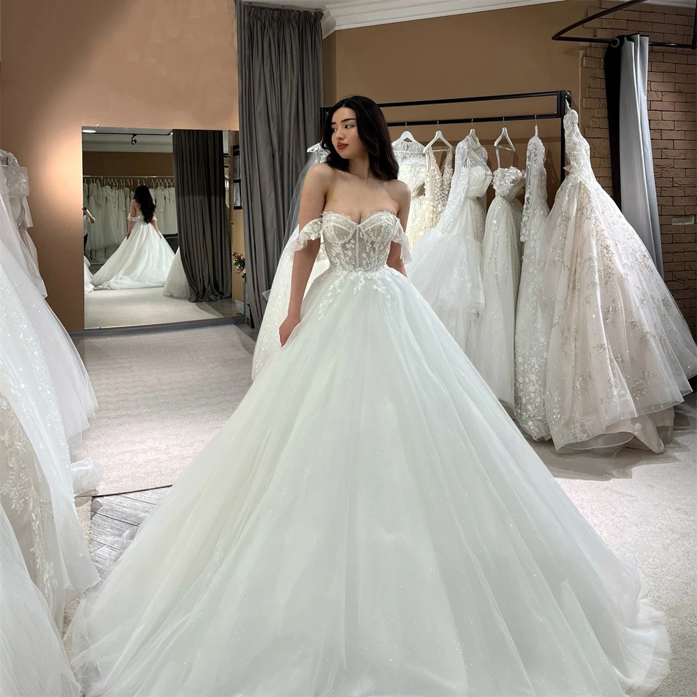 

Elegant Off The Shoulder Women Wedding Dresses A-Line Sweetheart Sleeveless Bride Gowns Mopping Length Princess Vestido De Noiva