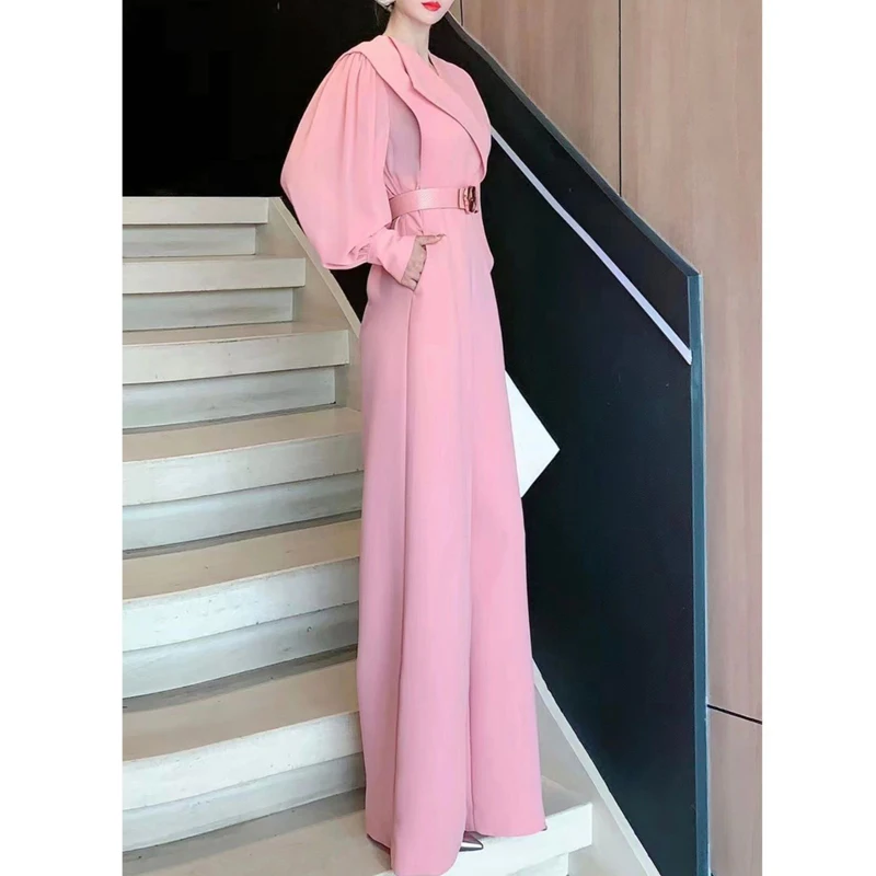 2024 New Spring Office Lady Fashion Elegant High Waist Belt Party Wide Leg Jumpsuits Women Long Sleeve Pink Loose Pocket Rompers