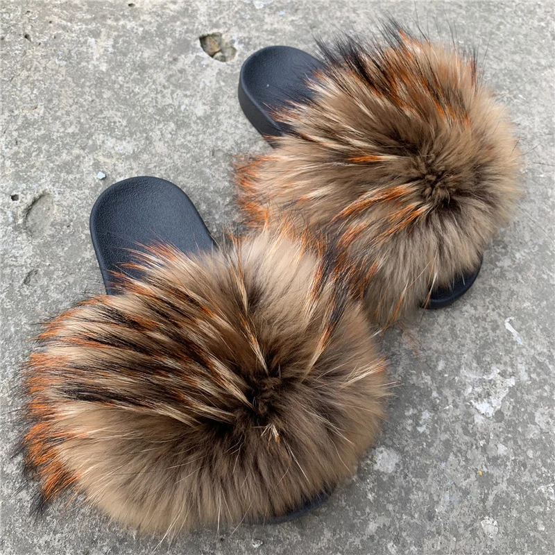 Perfect Wholesale Fashionable Slides Fox Raccoon Fur Slippers for women