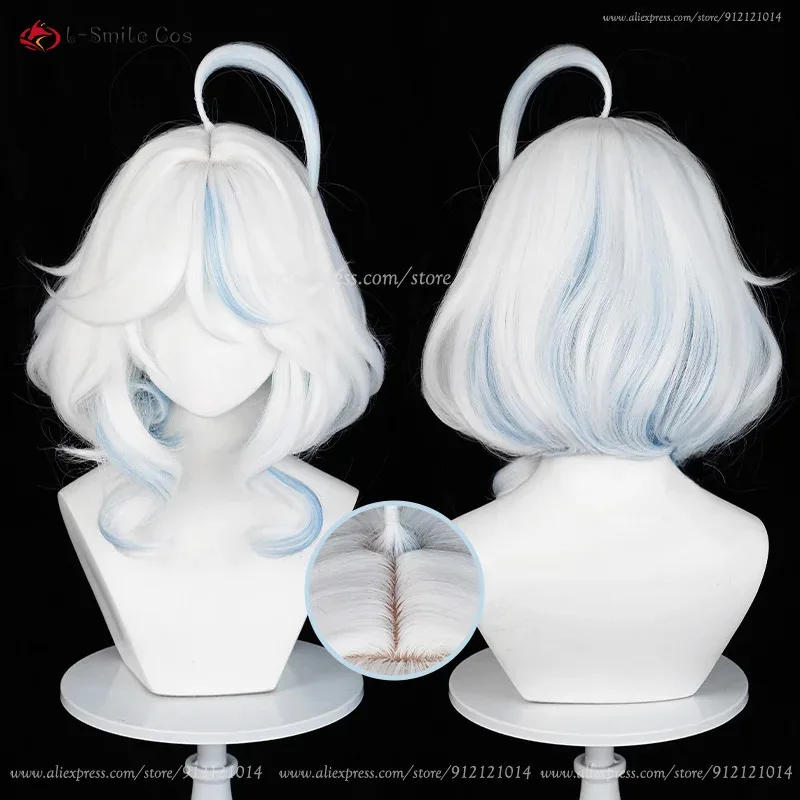 أنيمي Focalors شعر مستعار تأثيري 43 سنتيمتر/100 سنتيمتر مجعد الفضة الأبيض الأزرق Furina تأثيري أنيمي شعر مستعار مقاومة للحرارة الاصطناعية الشعر + غطاء شعر مستعار