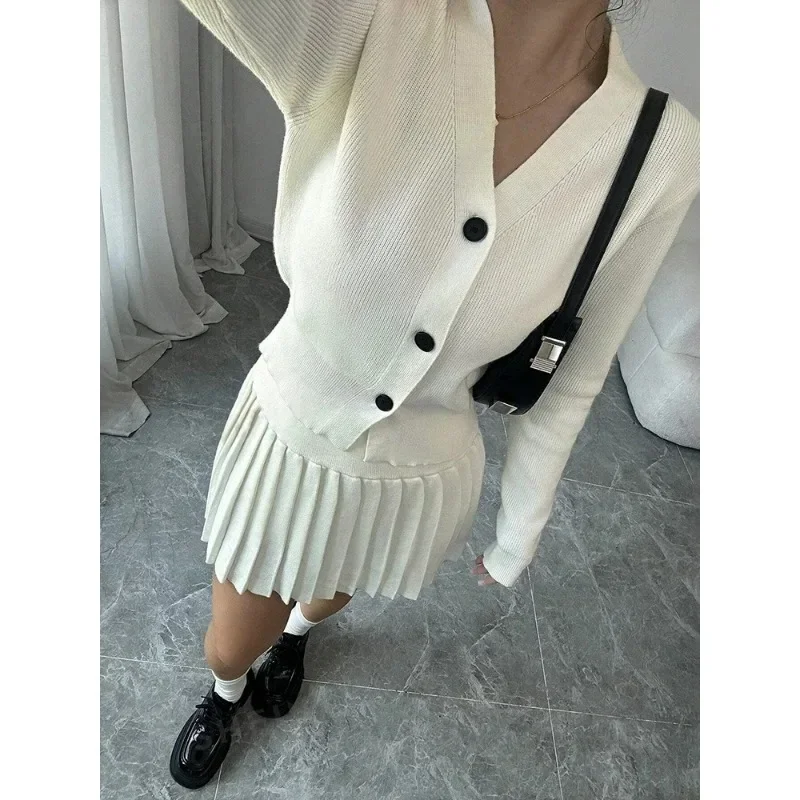 Retro Knitted Long Sleeve Sweater High-Waisted Pleated Skirt Two Piece Set For Women Niche Solid Matching Sets Autumn New