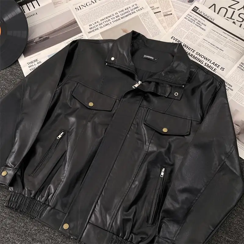 

Retro Motorcycle PU Leather Jaet Men's ort Spor Trendy Spring Autumn High Design Sense Leather Coat Faionable