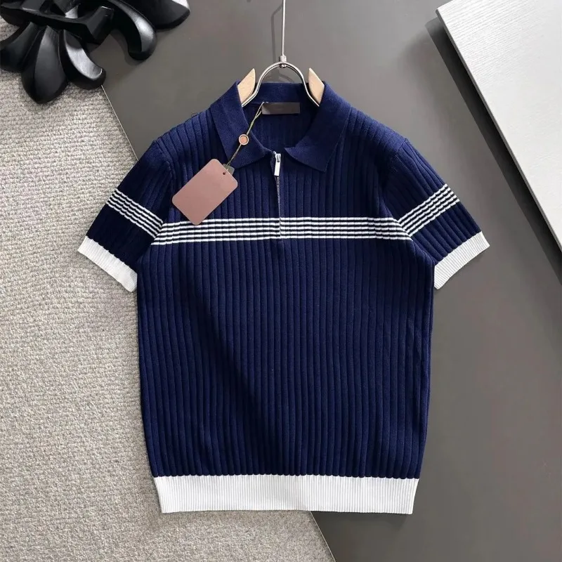 Half Zip Striped Rib Knit Polo Shirt Men Short Sleeve Lapel Contrast Cuff Casual Summer Tee