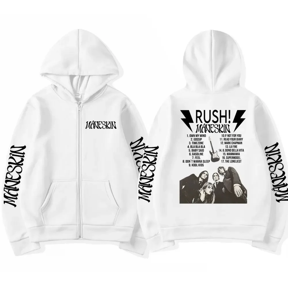 Italian Rock Band Maneskin Rush Poster Zipper Hoodie Men Women's Loose Fashion Gothic Zip-up sweatshirt Casual Streetwear Coats