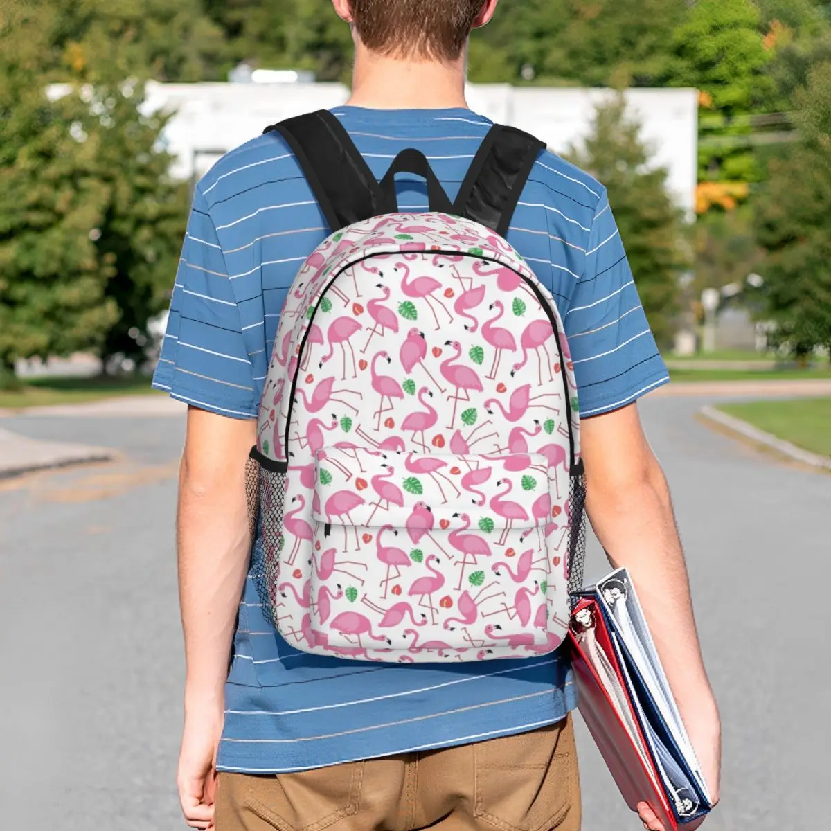 Mochilas sem emenda padrão bonito Flamingo, saco de escola impermeável, faculdade Imprimir Bookbags, Homens e mulheres