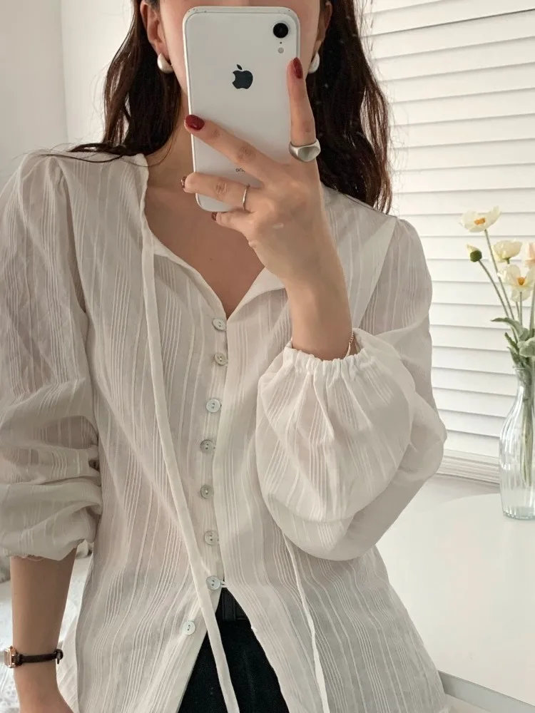 Chic Long Sve Sun Protection irt ell Button Design Beautiful Knot Detailing Spring Autumn Faion Commute Sle Women'...