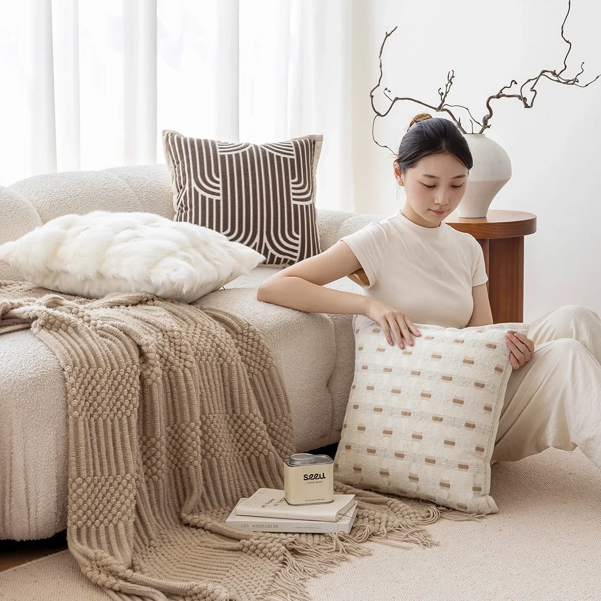 Beige Brown Striped Jacquard Cushion Cover Light Luxury Wabi-sabi Home Decor Pillow Cover Living Room Living Room Pillow Cases
