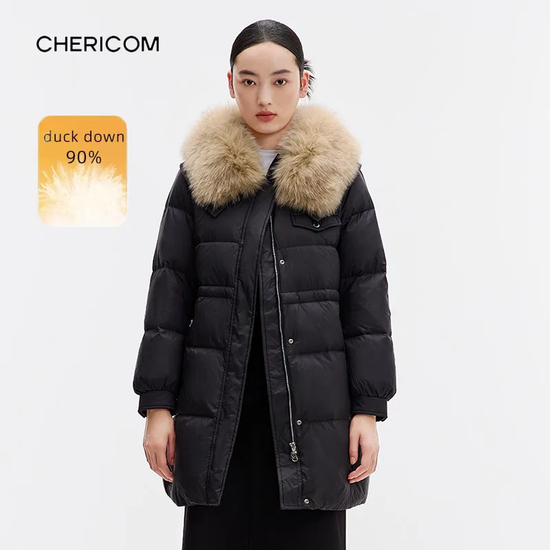 

Chericom женский пуховик средней длины с плюшевым меховым воротником, 90% наполнитель на утином пуху, толстая теплая холодная стеганая куртка, женская Y299208B