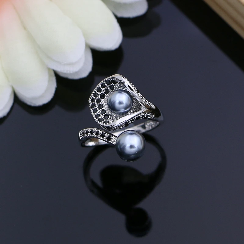 horn Flower Silver 925 Bridal Jewelry Sets Black Pearl Zircon For Women Wedding Pendant Drop Earrings Open Rings Necklace Set