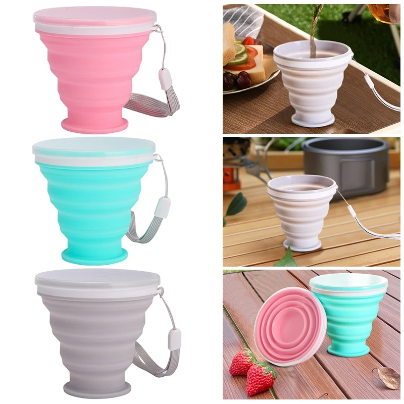 Camping Foldable Silicone Cup Outdoor Portable Folding Cup with Lid Picnic Drinking Mug Collapsible Teacup Camping Supplies