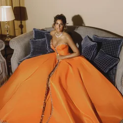 KSDN Chic Beading Sequined Evening Dress Orange Strapless V-Neck Floor Length Party Gown Luxury Pearls Crystal A-Line Prom Dress