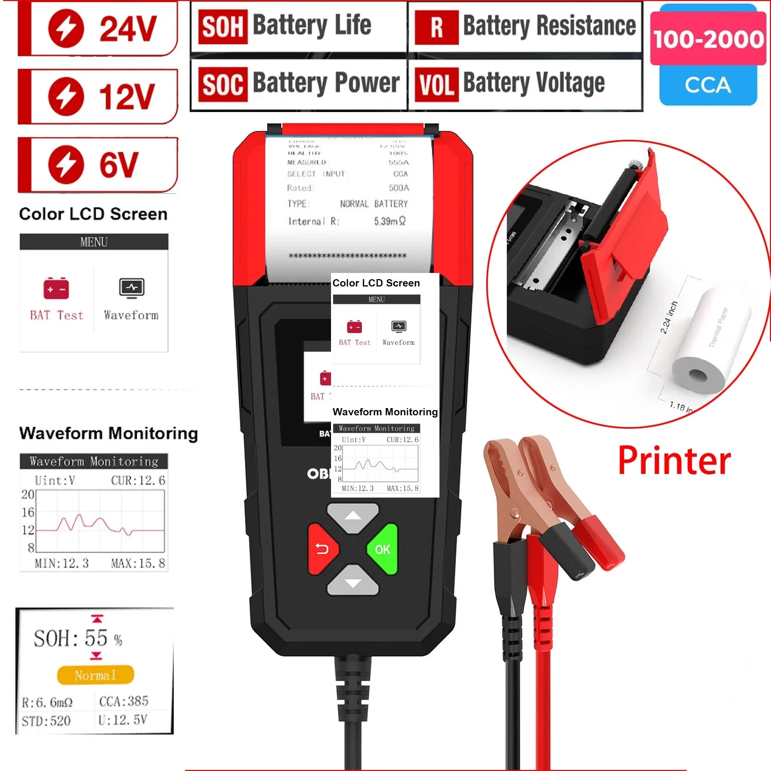 

Тестер автомобильного аккумулятора 6 В 12 В 24 В 100-2000 CCA Автомобильный цифровой тестер напряжения аккумулятора BM550 Ultra Автомобильный диагностический инструмент (с принтером)