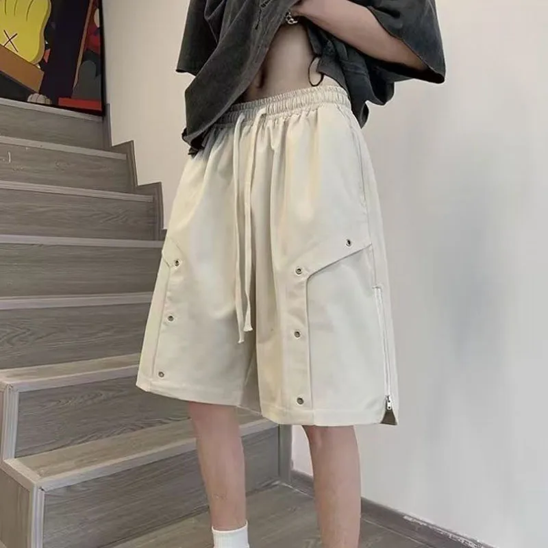 2024 Summer New Men's Solid Color Pockets Zipper Elastic Drawstring Fashion High Street Leisure Loose Sports Knee Pants