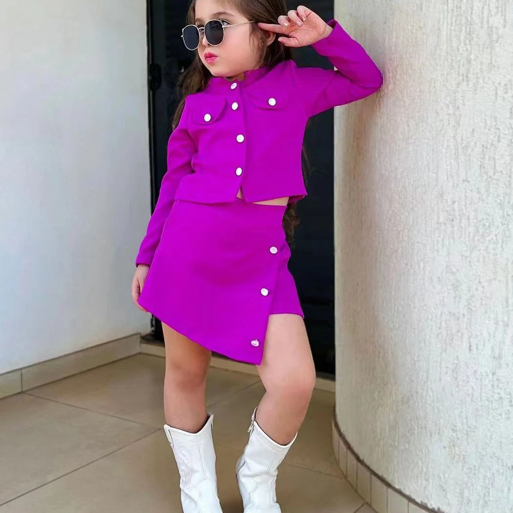 

New 2024 Spring Autumn Kids Clothes Sets Girls Casual Solid Long Sleeve Jacket Coat + Irregular Skirt Children's Clothing