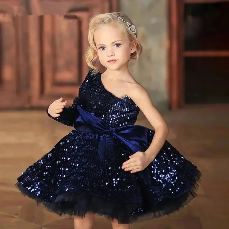 Navy Blue Flowers Girls Dress Bow Pleated One Shoulder Fluffy Baby Girl Pageant Homecoming Wedding Birthday Party Holiday Gown