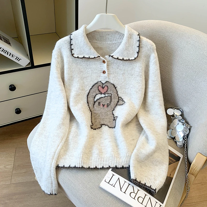 Cute Cartoon Sweaters Women Lazy Wind Sweet Kawaii Long Sleeve Knitted Pullovers Autumn Winter Casual Loose Soft Knitwear Jumper