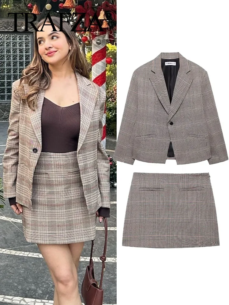 

TRAFZA Women Set Plaid Turn-Down Collar Long Sleeves Single Button Blazers+High Waist Zipper Skirt Women's Fashion Spring Suits