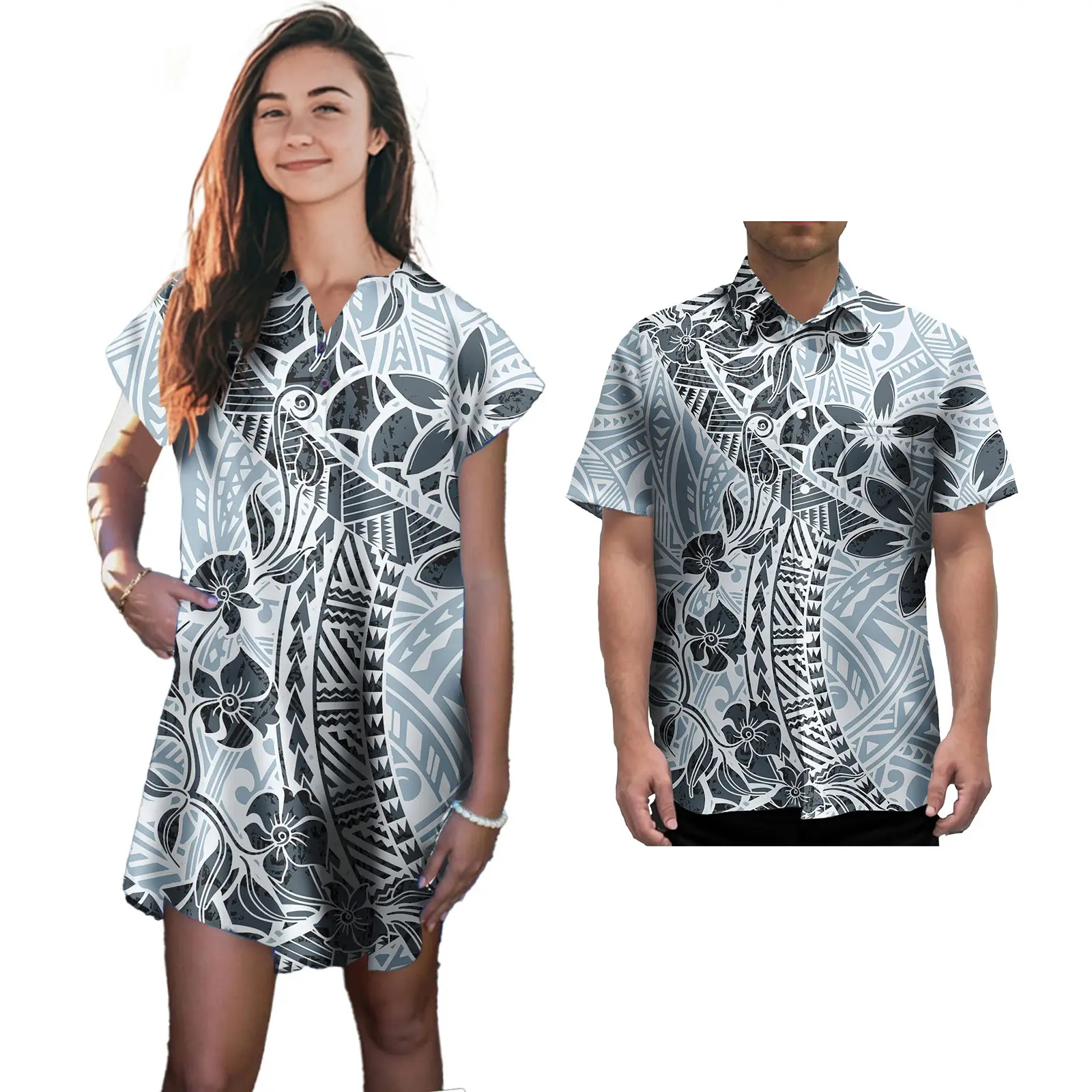 Couple Set Samoan Outfit Women Evening Dress Men Hawaii Beach Shirt Couple 2 Piece Set Custom Polynesian Tapa Clothing