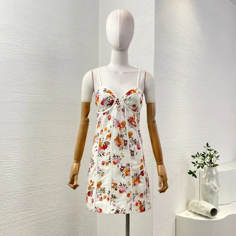 

2025 New Beach Style Floral Print Top Quality Sleelveless Spaghetti Women Mini Dress for Holiday