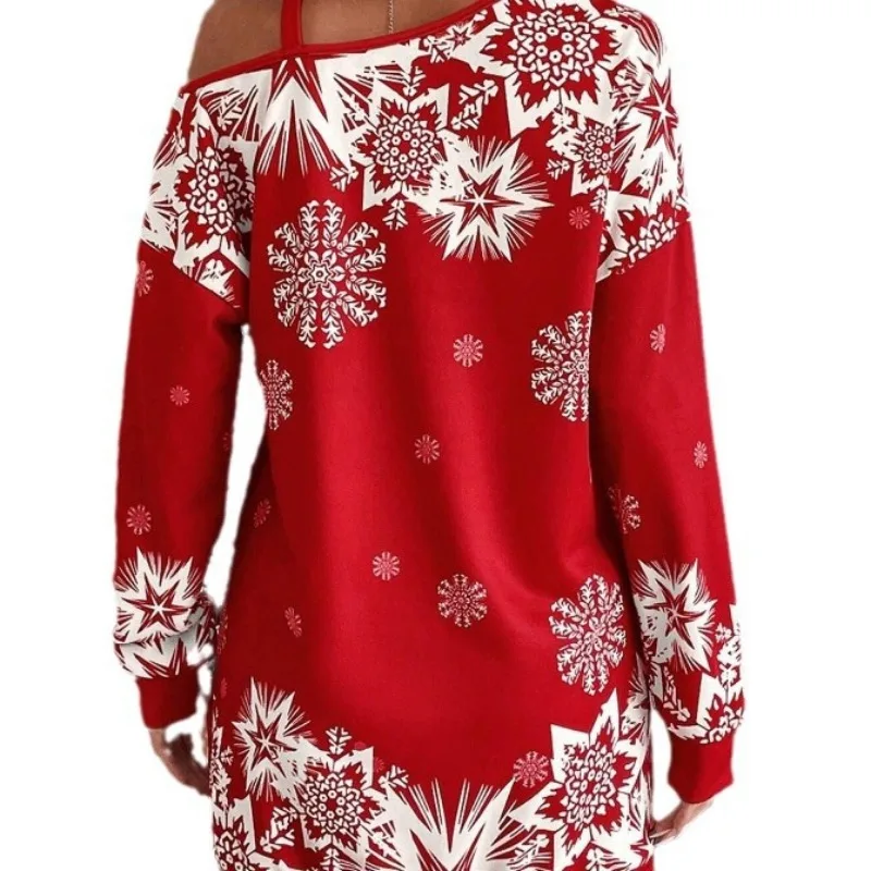 European and American Sloping Shoulder Sexy Dress Christmas Snowflake Print Sweater Autumn/winter Casual Loose Sweatshirts Women