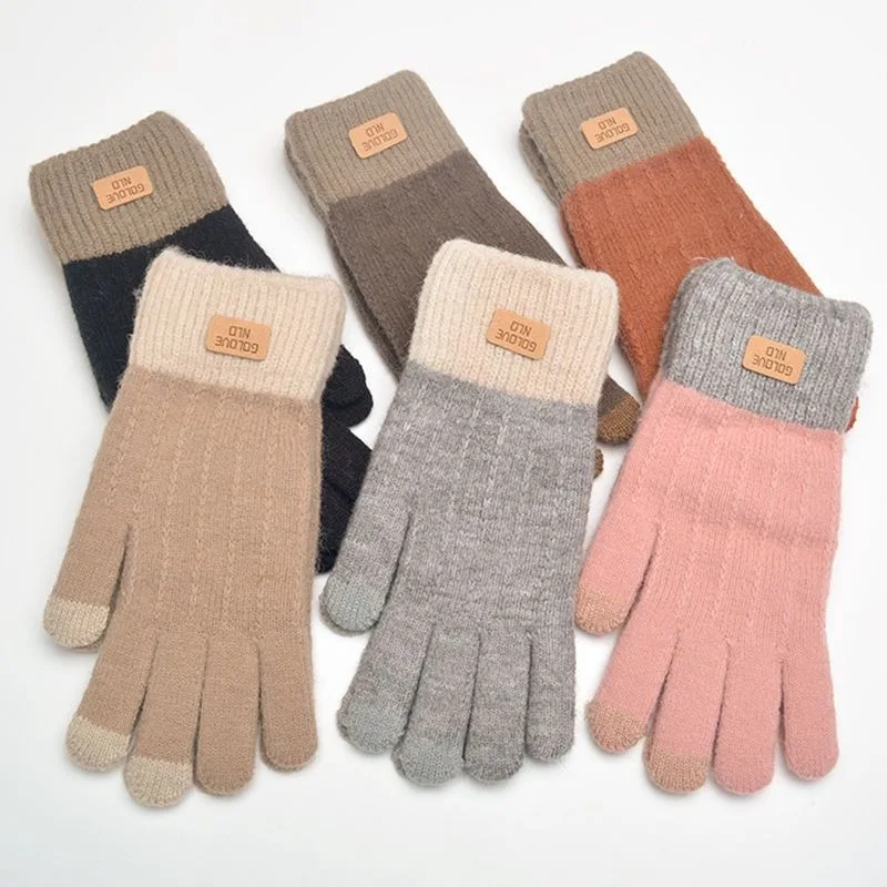 1 Pair Autumn Winter Thicken Warm Gloves Women Touch Screen Knitted Gloves Adult Imitation Thickened Knitted Cute Student Cotton