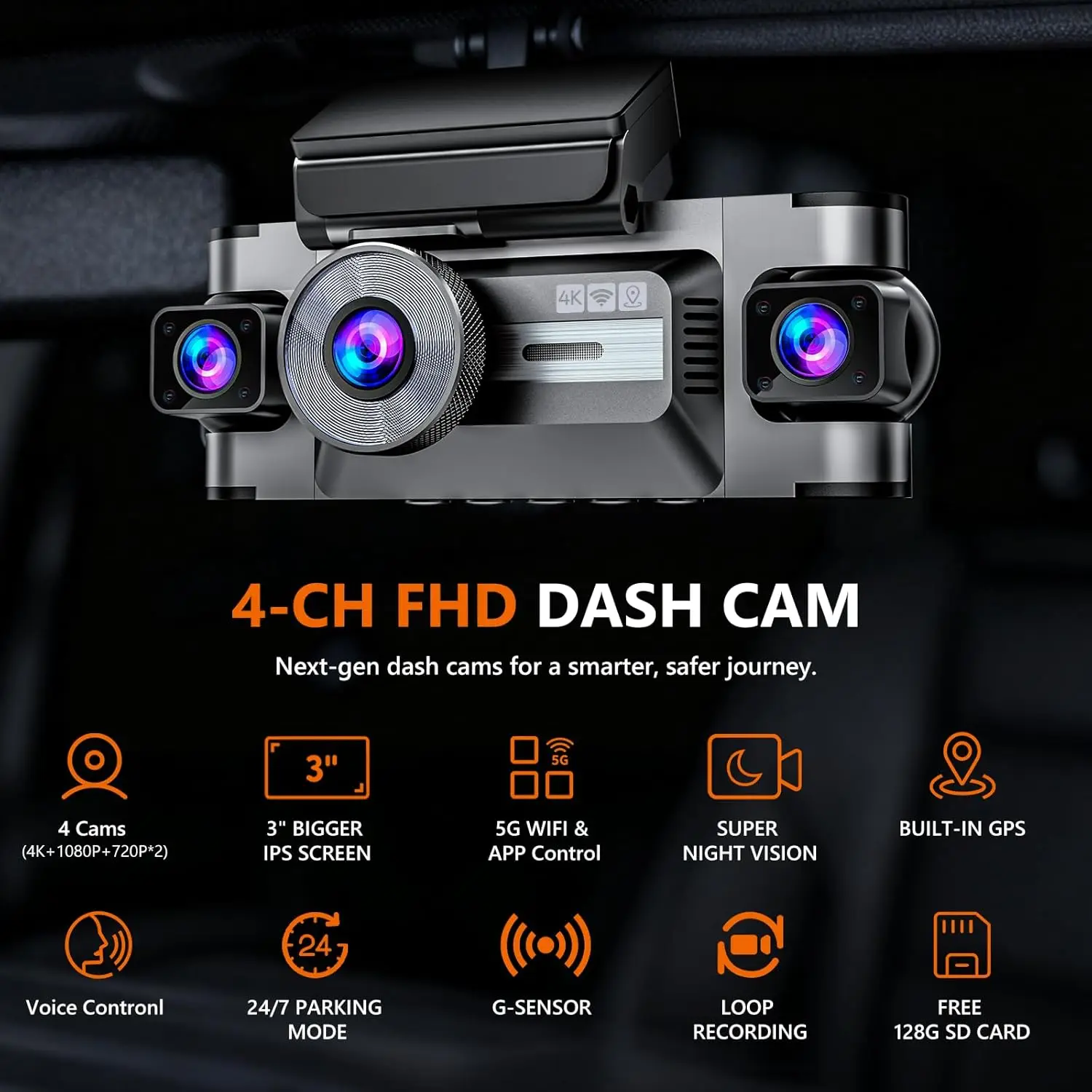 كاميرا سيارة 4K ذات 4 قنوات مع نظام تحديد المواقع العالمي (GPS)، 5G WiFi، التحكم الصوتي، الرؤية الليلية، مستشعر G، شاشة ركن السيارة 24 ساعة، بطاقة مجانية 128 جيجابايت