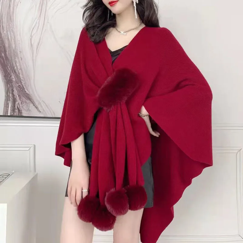 2024 New Autumn Women irregular Knitted Sweater Shawl With Faux Fur Pom pom Cashmere Sweater Cape Female Winter Pashmina Wraps