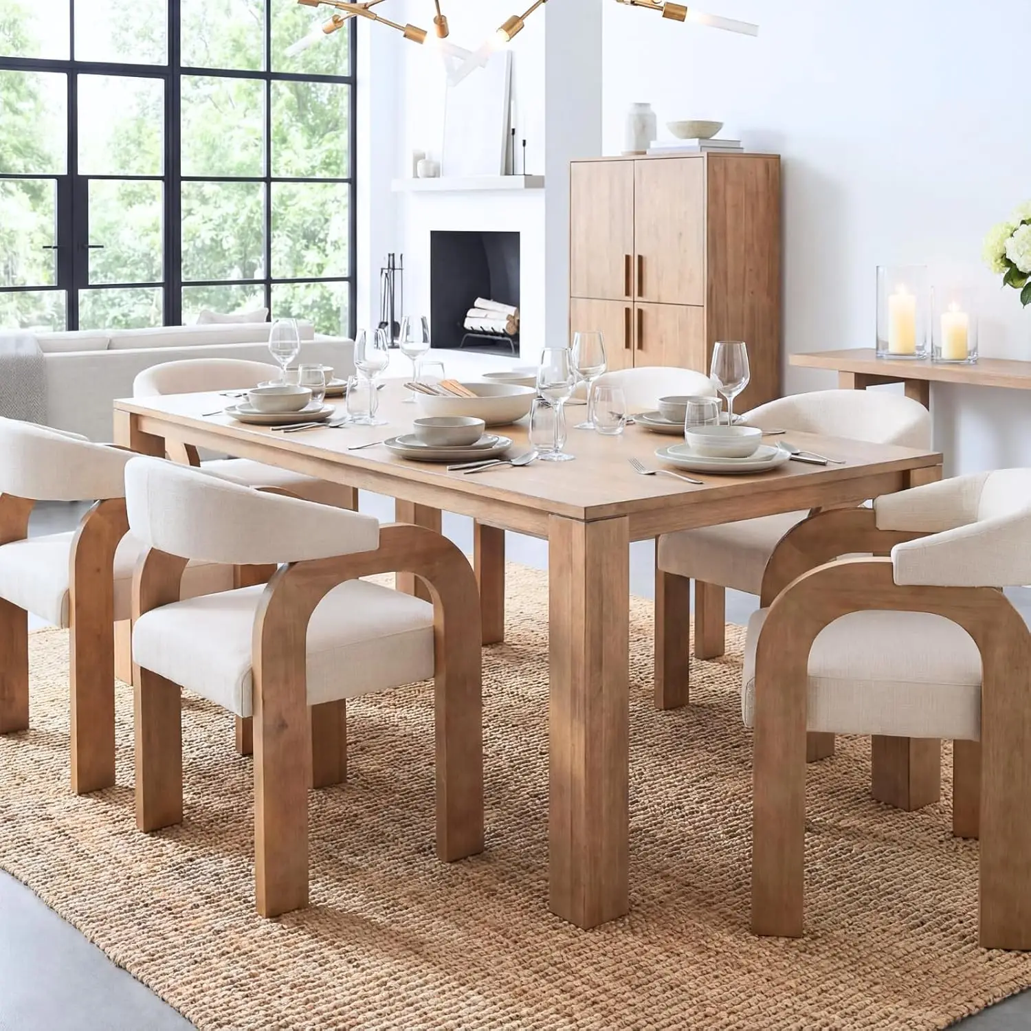 Farmhouse Dining Chairs Set of 6, Upholstered Armchairs with Linen Cushions & Curved Wooden Arms, Barrel Wood Kitchen Chairs
