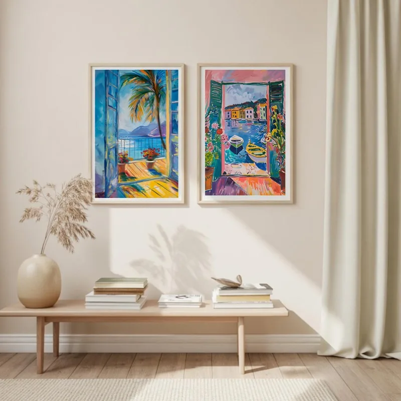 1pc Frameless Colorful Graffiti Mediterranean Kitchen Balcony Orange Tree Italy Coastal Scene Canvas Poster Wall Art Pictures Ho