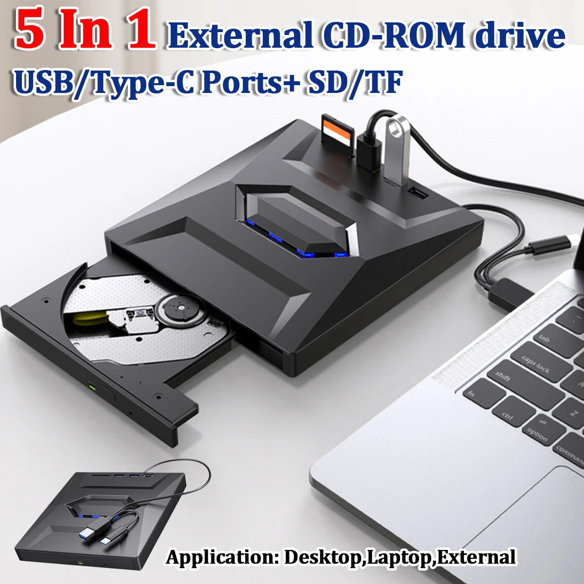 5 IN 1 USB 3.0 Type C External CD DVD RW VCD Optical Drive with SD/TF Ports DVD Burner CD Writer Portable for Macbook Laptop PC