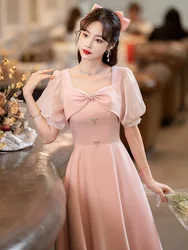 Sweet Pink Evening Dress Puff Sleeve Princess Dresses Elegant Beaded Bow Square Collar A-LineTea-Length Birthday Party Gown