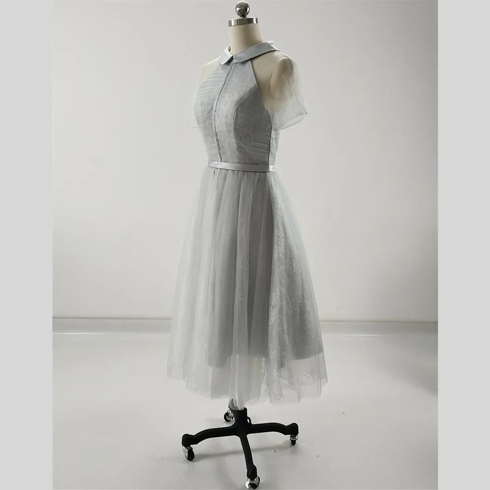 Robe de Bal en Dentelle Grise pour Femme, Tulle à Revers, Manches Courtes, Coupe Trapèze, Longueur Thé, Fermeture Éclair au Dos, Grande Taille