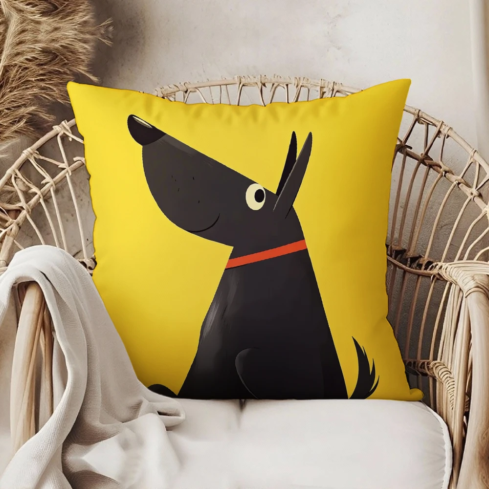 Square Throw Pillow Cover Yellow Background Black Dog Illustration With Red Collar For Living Room Sofa Bedroom Home Decor