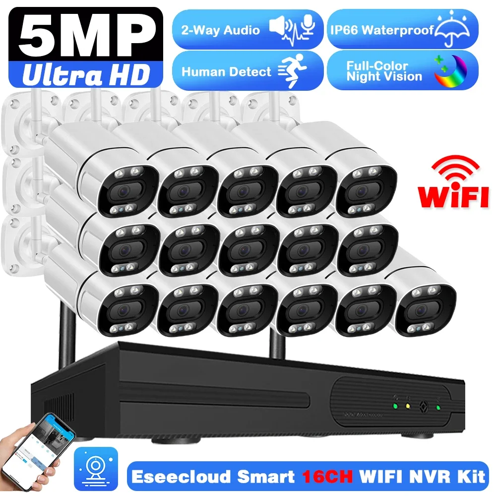 16CH 5mp Wireless Wifi Camera Security System CCTV Camera H.265 Smart Video Surveillance Kit 16CH WIFI NVR Outdoor Two-Way Audio