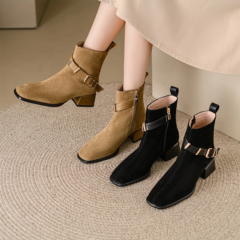 

Ankle Boots Side Zippers Women Winter Boots Square Toe Autumn Spring Short Boots Cow Suede Thick Heels Ladies Shoes with Buckle