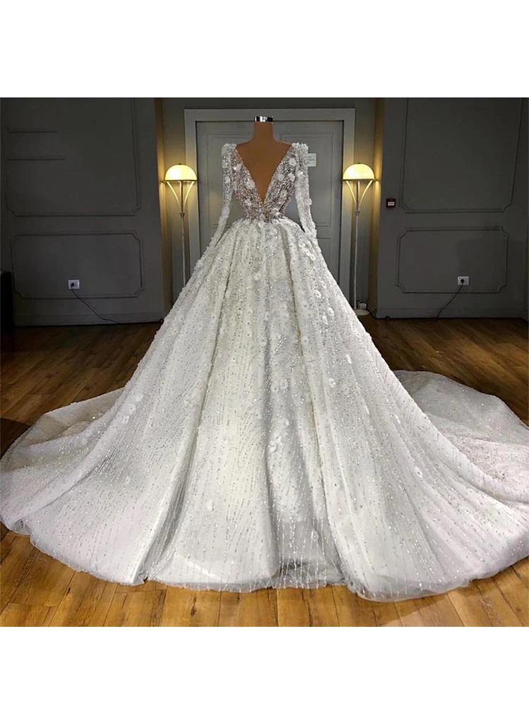 Abito da sposa con scollo a v profondo maniche lunghe in Tulle perline Appliques 3D abito da ballo da sera Bling Bling lussuoso Robe De Soirée