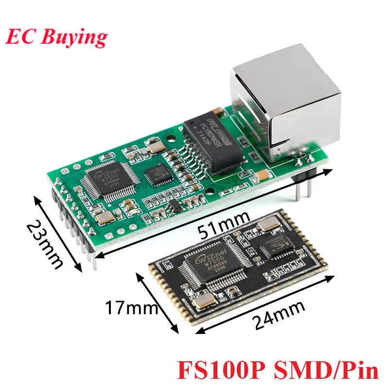 FS100P Serial to Ethernet Converter Module USR-TCP232-T2 Tiny UART TTL to RJ45 Network Transparent Transmission TCPIP FS100S