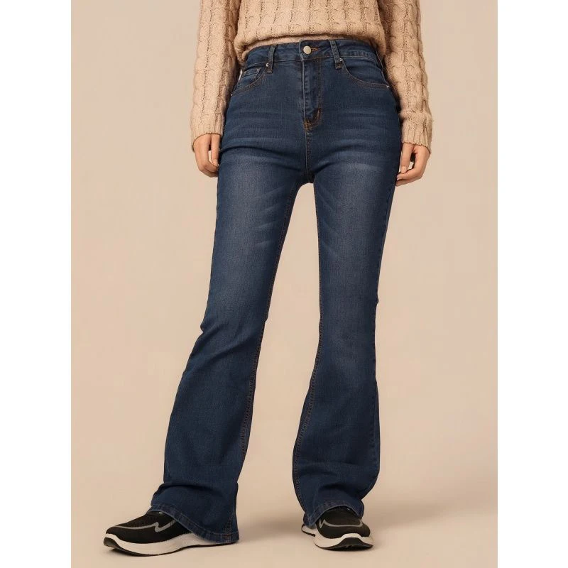 Lady Dark Blue High Waist Flared Jeans Girls Stretch Slim Fit Thin Denim Pants Women Retro Fashion Solid Color Trousers