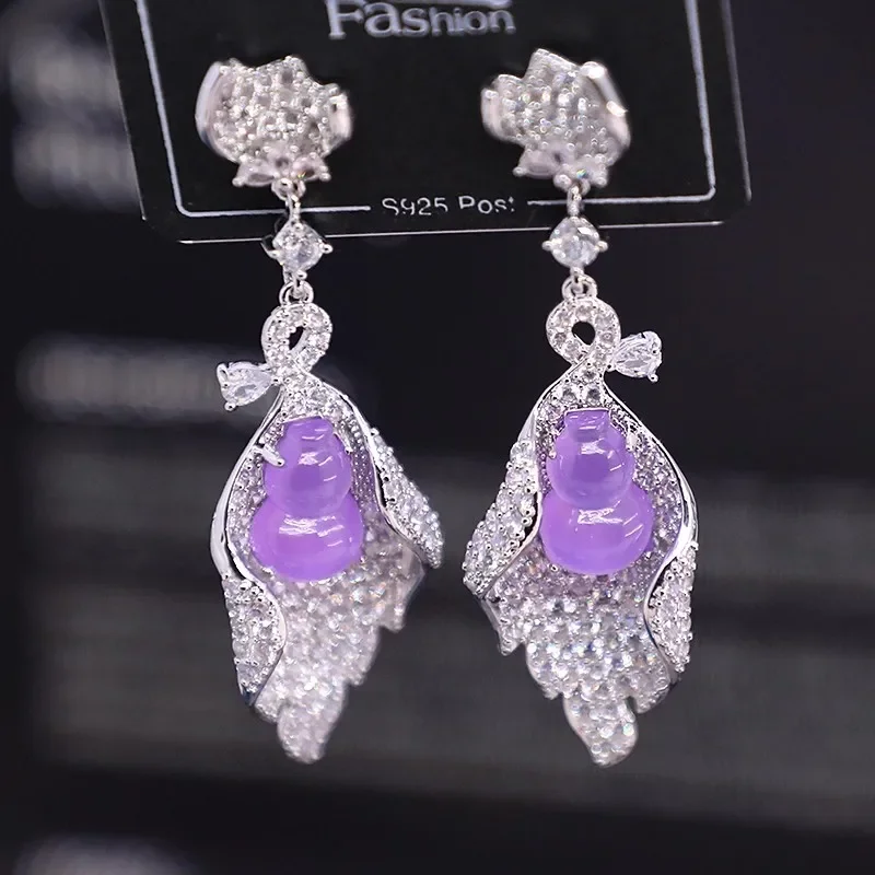 Chinese Style Gourd Leaf Cubic Zirconia Dangle Earrings Unique Sparkling Silver Tone Statement Earrings for Women Party Jewelry