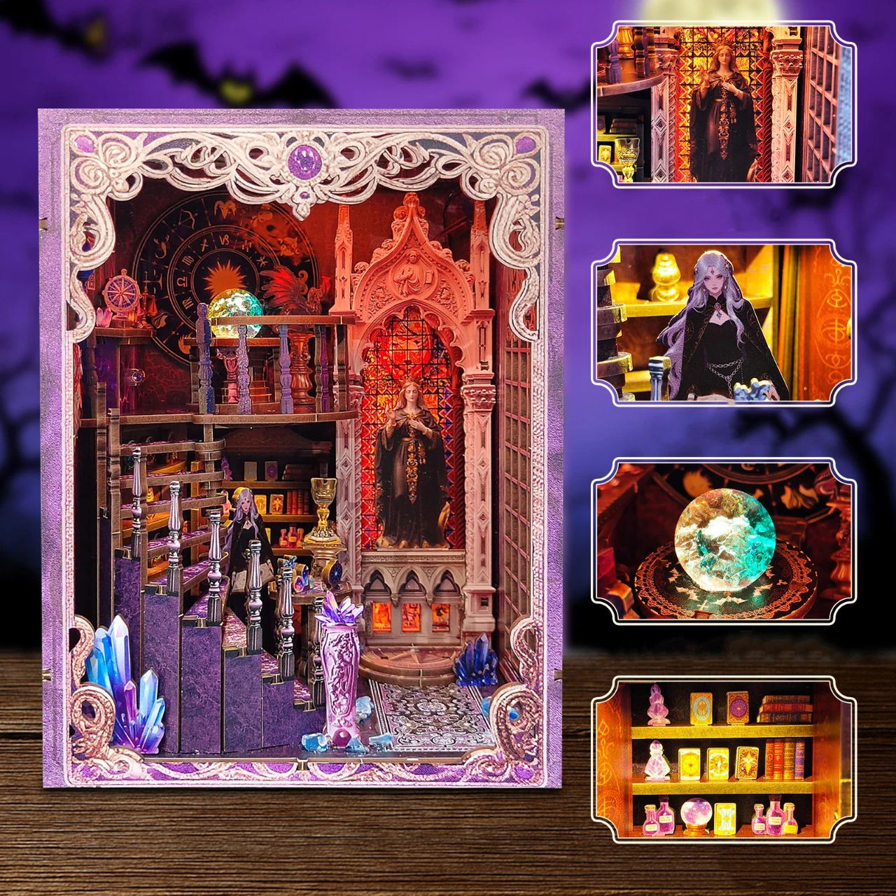 ชุดประกอบชั้นวางหนังสือไม้ DIY รูปทรงห้องสมุดไพ่ทาโรต์ พร้อมไฟ ของขวัญวันเกิดสำหรับเพื่อน